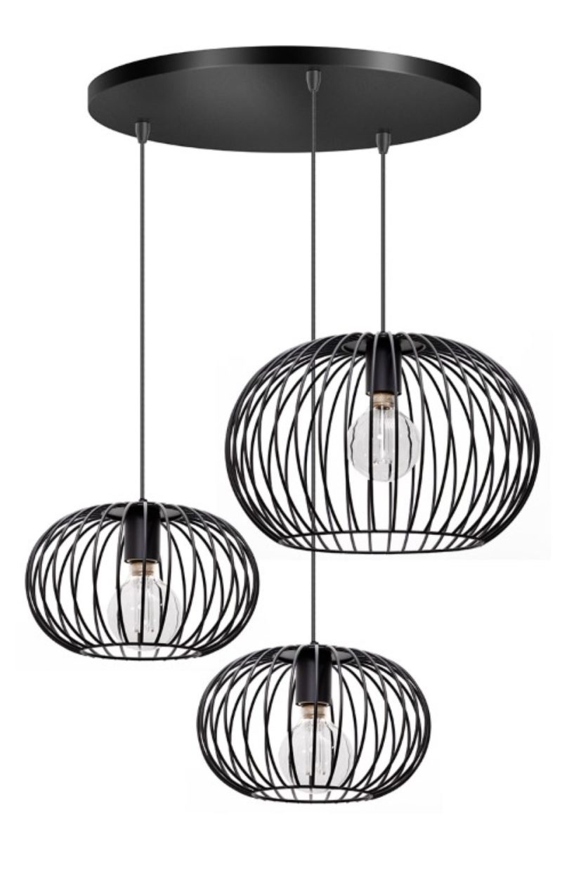 Lampe pendante fil noir, 3 lumières, ronde / noire