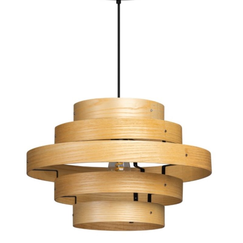 Lampe pendante à 5 anneaux, un accroche-regard en chêne naturel