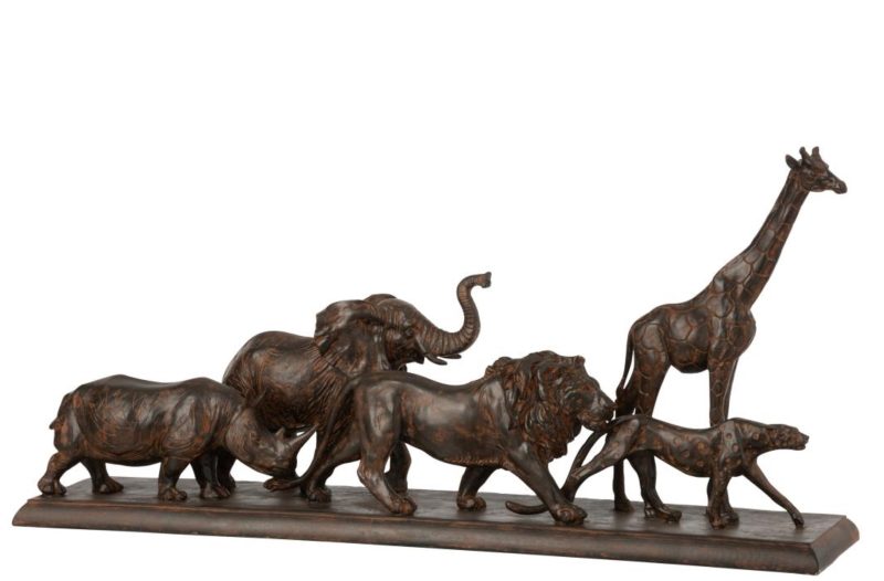 5 animaux en rang resine marron large