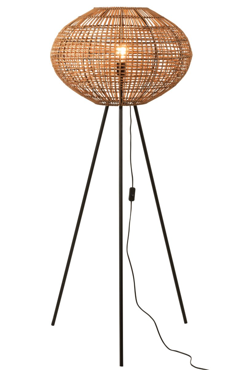 Lampe trepied rotin/metal marron/noir large