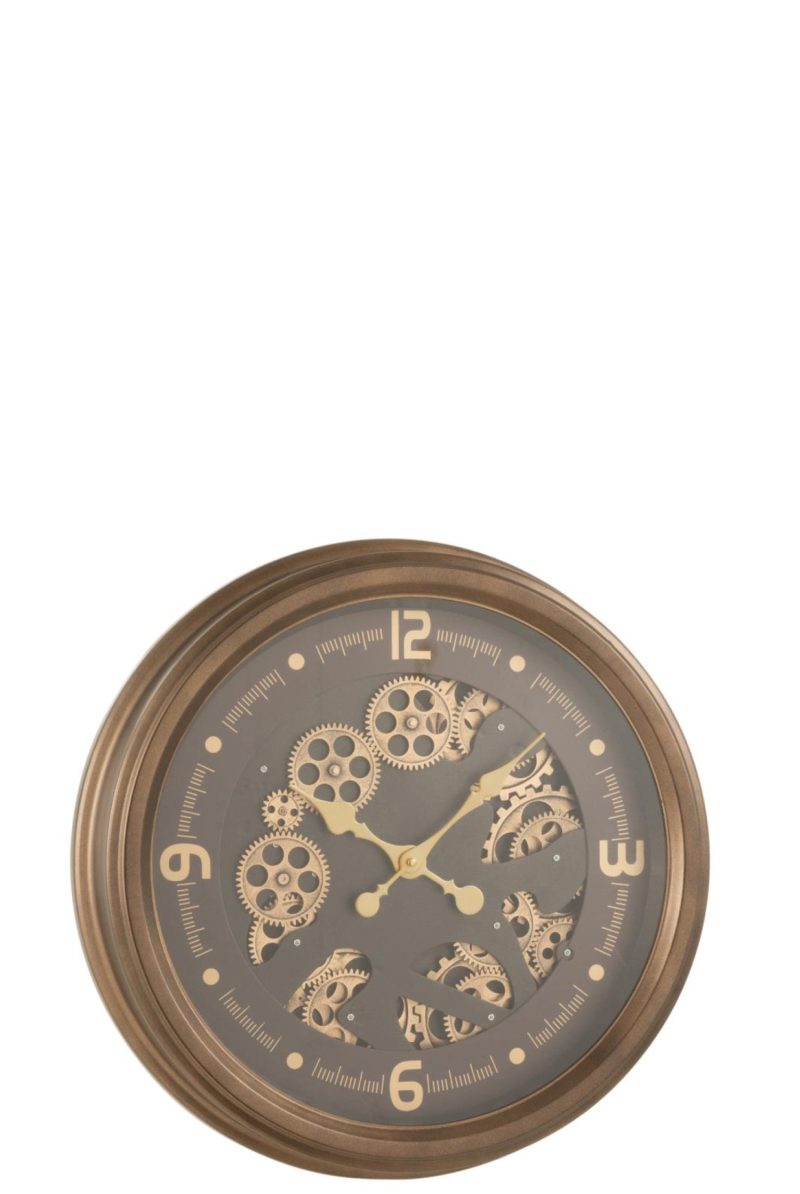 Horloge chiffres occidentaux  mecanisme apparent metal + verre antique or