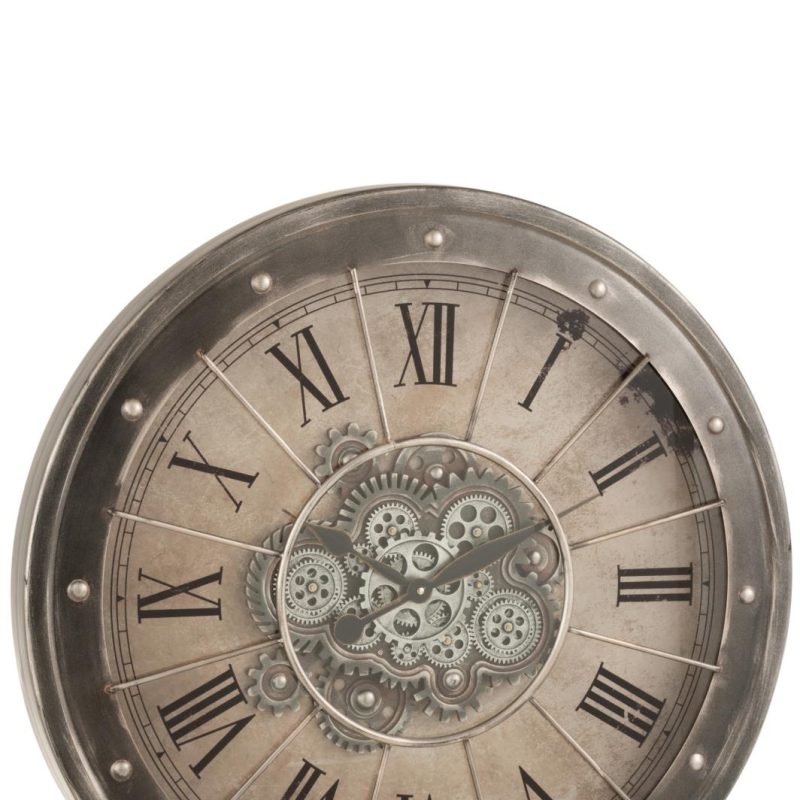 Horloge chiffres romains mecanisme apparent metal + verre antique gris