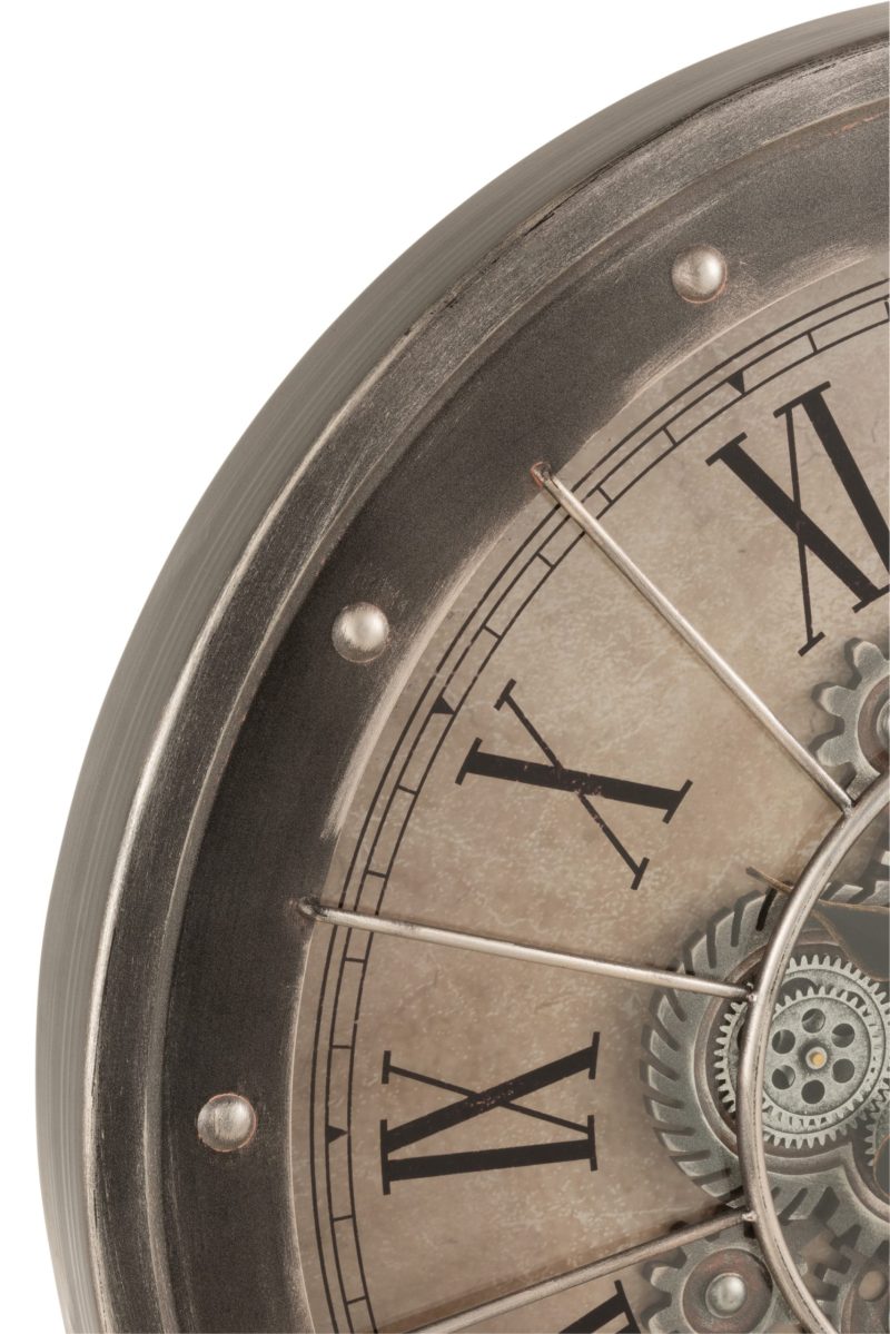 Horloge chiffres romains mecanisme apparent metal + verre antique gris - Image 2