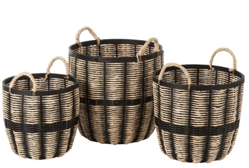 Set de 3 paniers corde/rotin noir/naturel