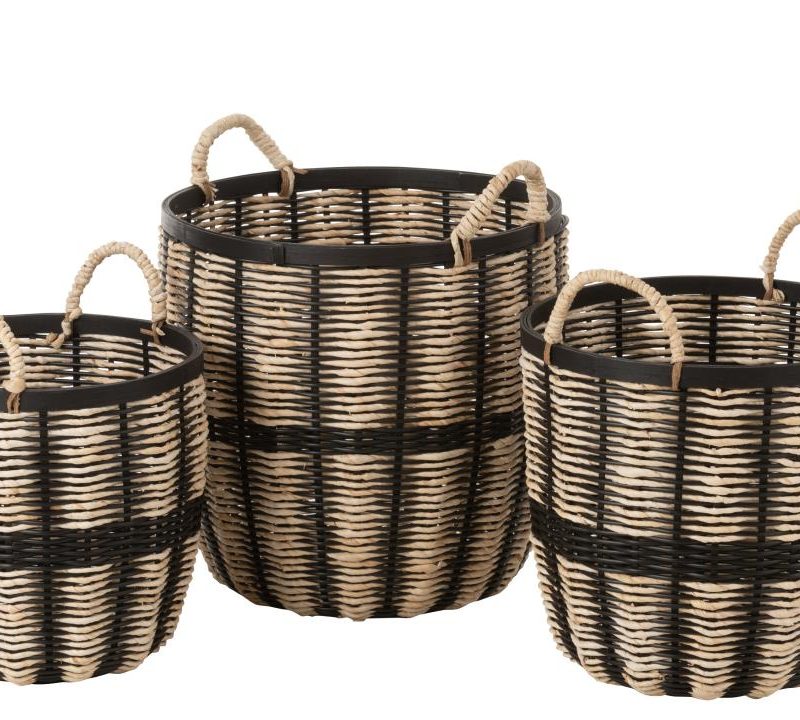 Set de 3 paniers corde/rotin noir/naturel