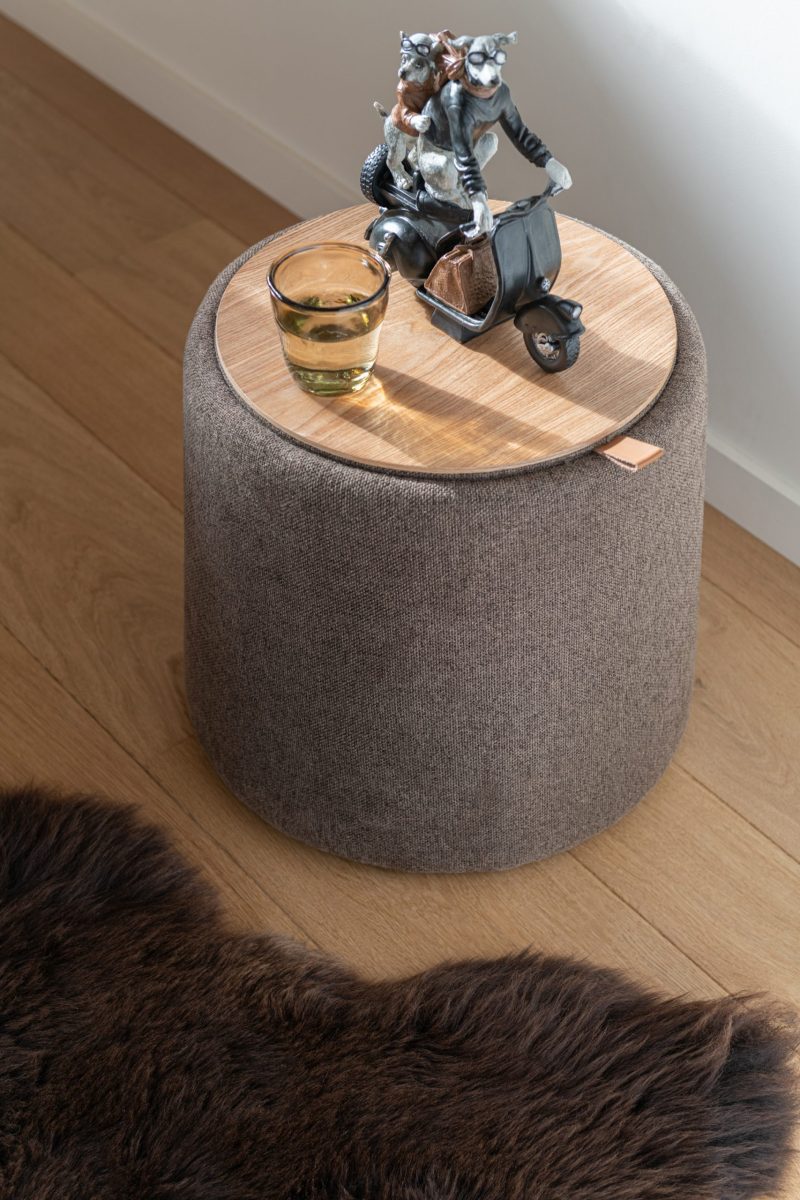 Pouf/table d'appoint rond textile/bois brun - Image 6