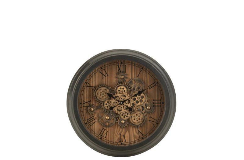 Horloge ronde chiffres romains engrenage metal noir small