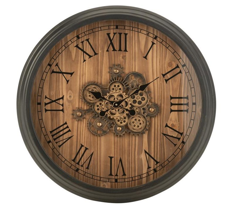 Horloge ronde chiffres romains engrenage noir large
