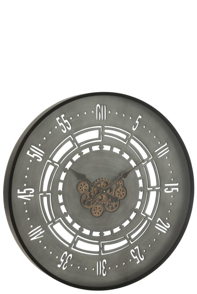 Horloge ronde secondes engrenage metal noir/gris large
