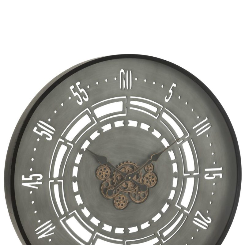 Horloge ronde secondes engrenage metal noir/gris large