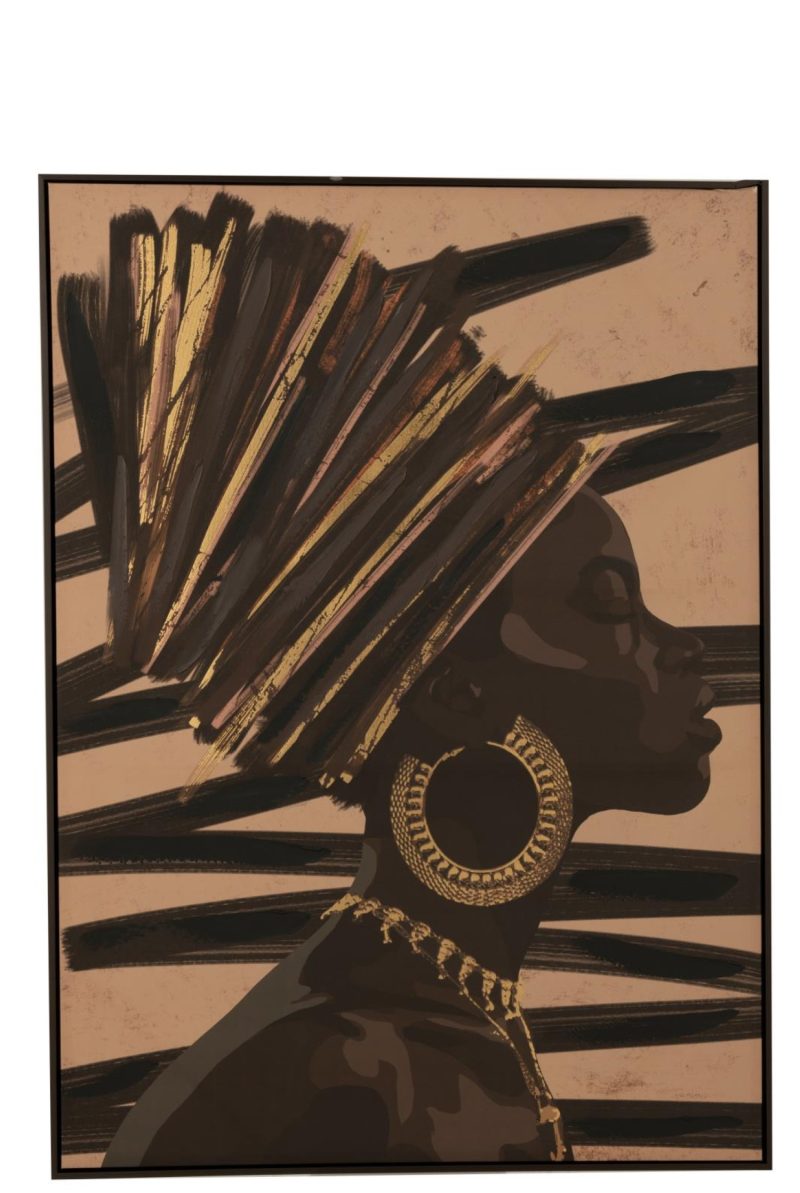 Cadre femme africaine lignes bois/toile marron/noir