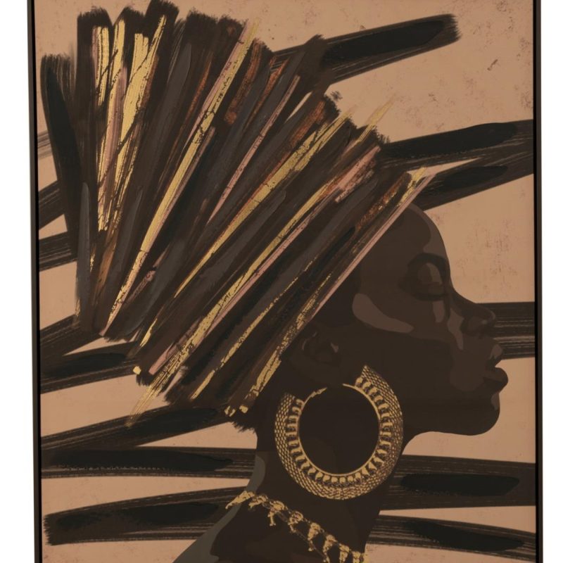 Cadre femme africaine lignes bois/toile marron/noir