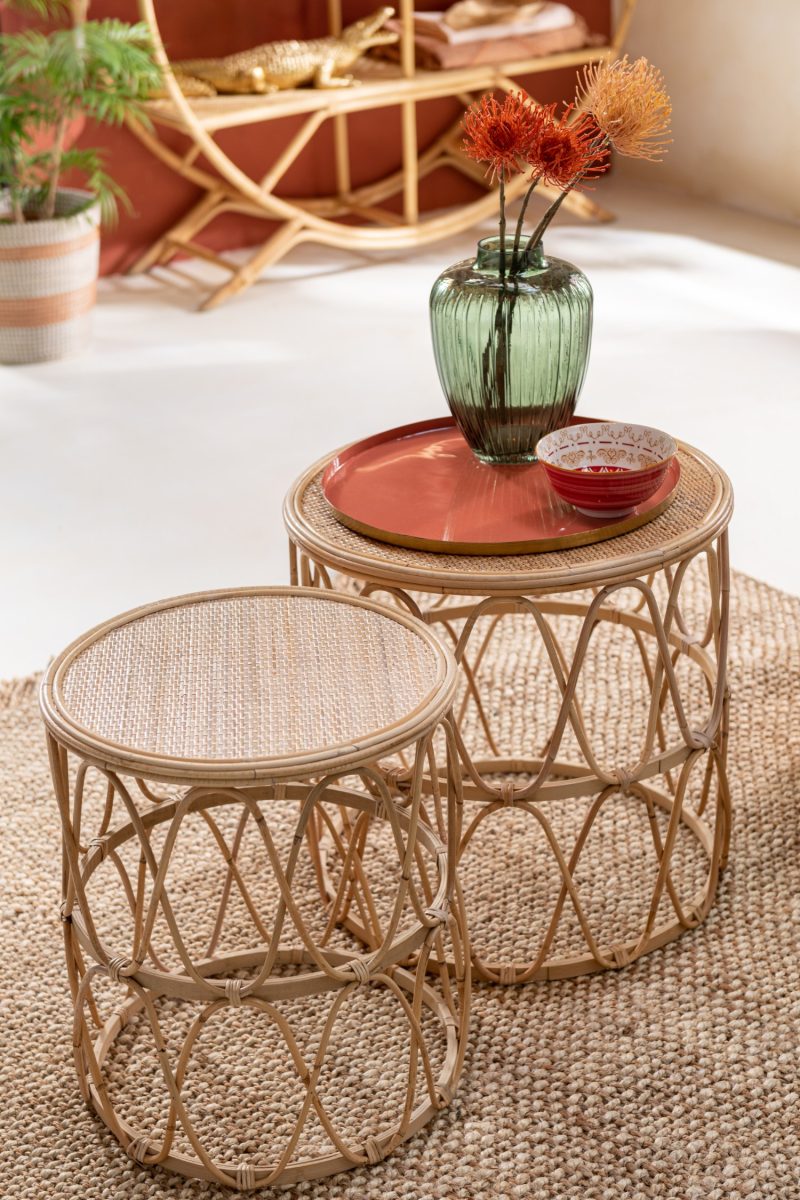 Set 2 table gigogne vague motif rotin naturel - Image 5
