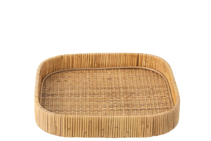 Plateau carre rond coins rotin naturel