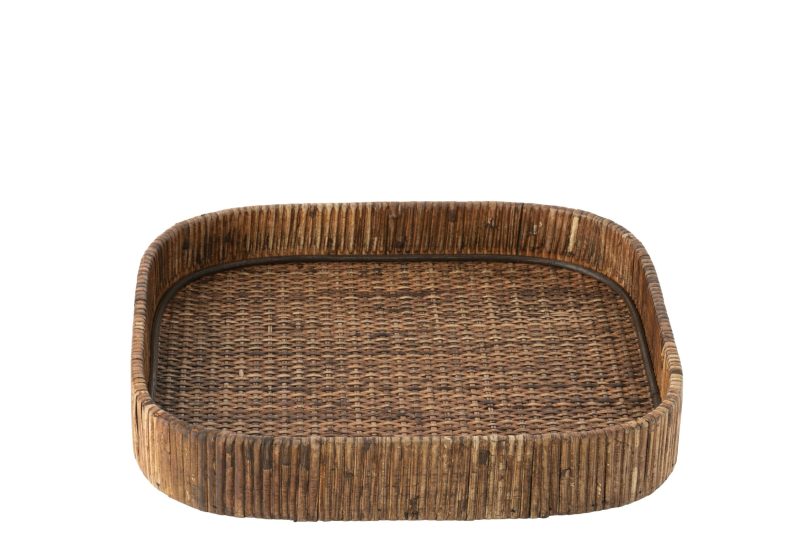 Plateau carre rond coins rotin marron