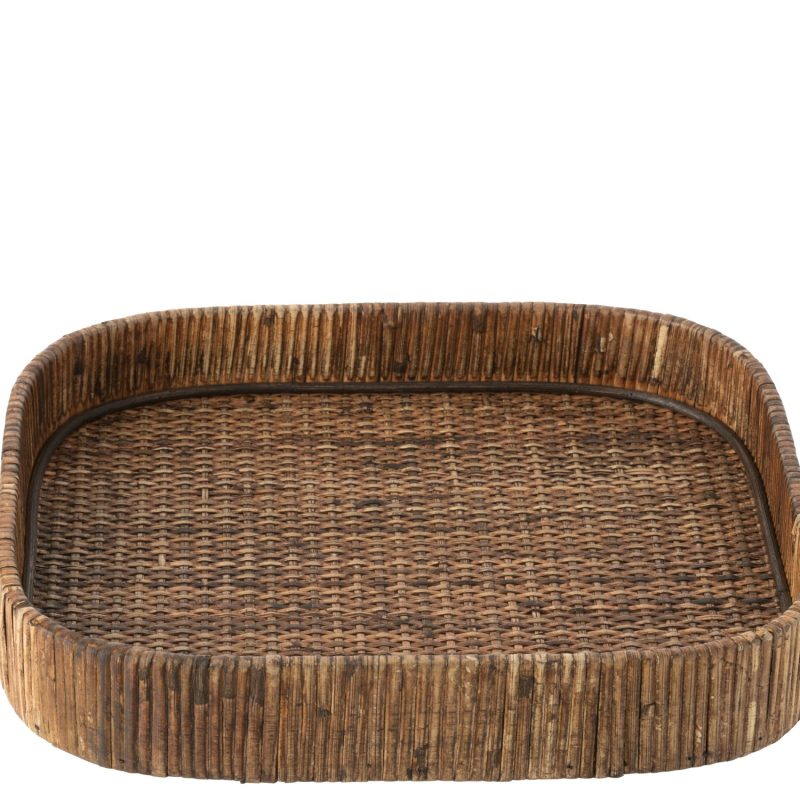 Plateau carre rond coins rotin marron