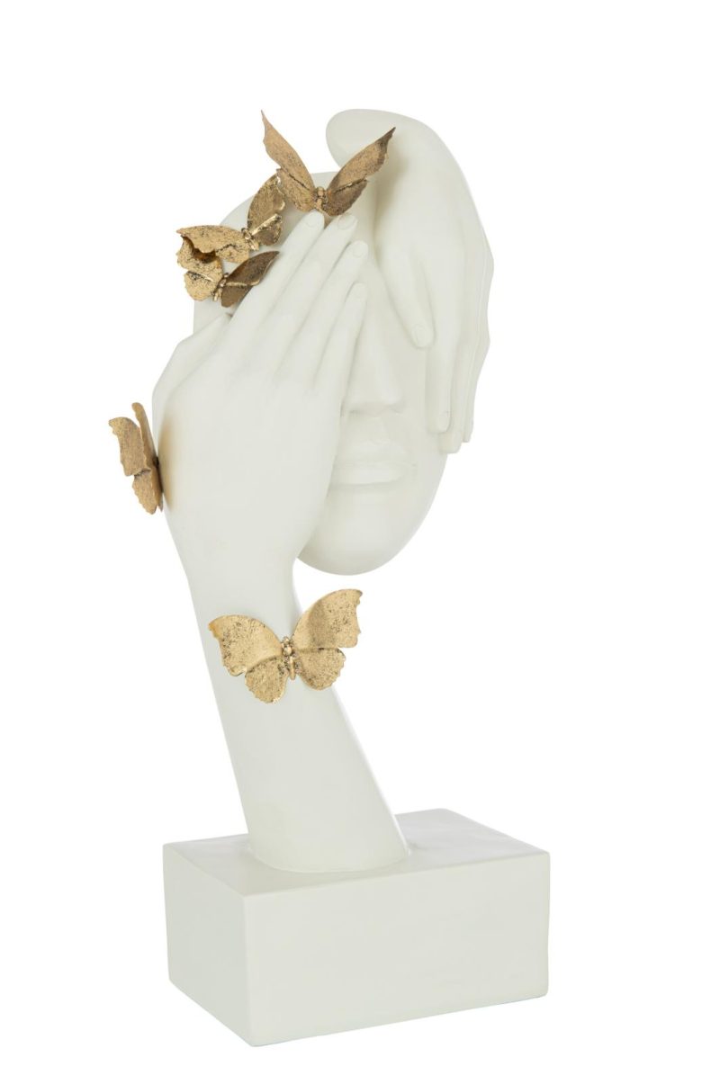 Visage papillons socle poly blanc/or