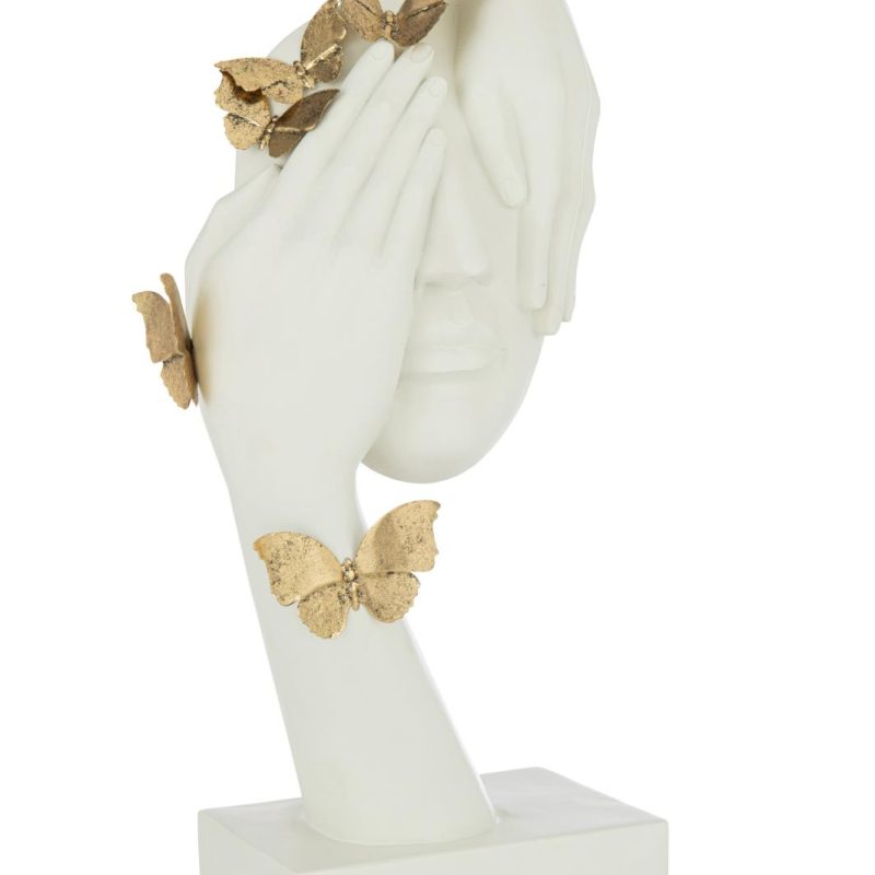 Visage papillons socle poly blanc/or