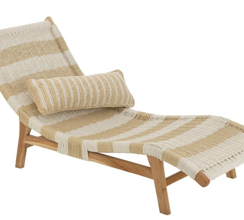 Transat+coussin rayures tissage plastique/teck blanc/naturel