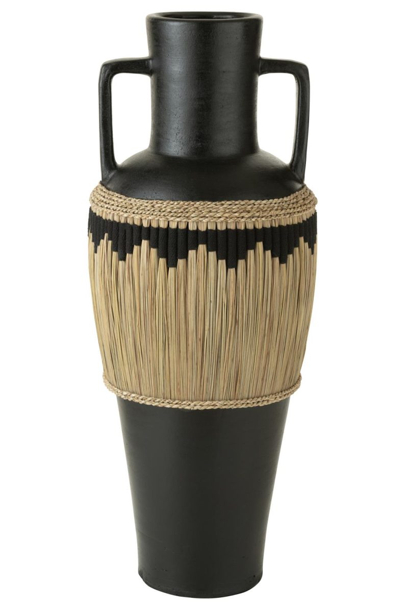 Vase motifs+anses terracota/herbes noir/naturel