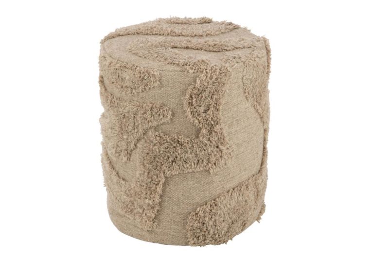 Pouf cylindre tufté courbes laine beige