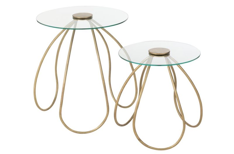 Set 2 table rond metal/verre or