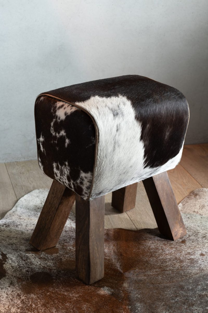Tabouret vache bois de manguier/fourrure noir/blanc - Image 7