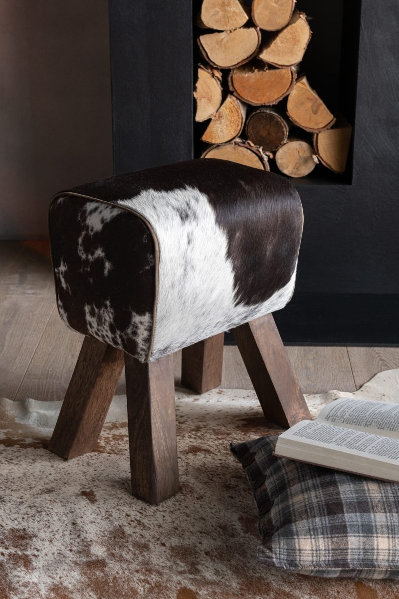Tabouret vache bois de manguier/fourrure noir/blanc - Image 9