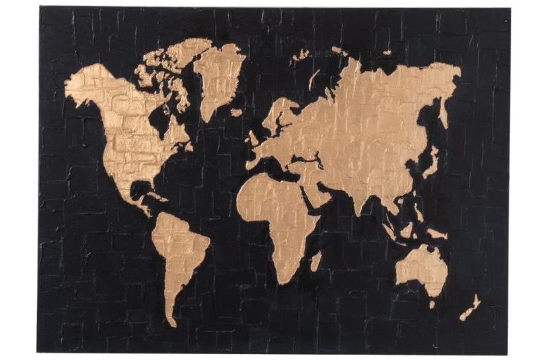 Peinture carte du monde canvas/bois noir/or