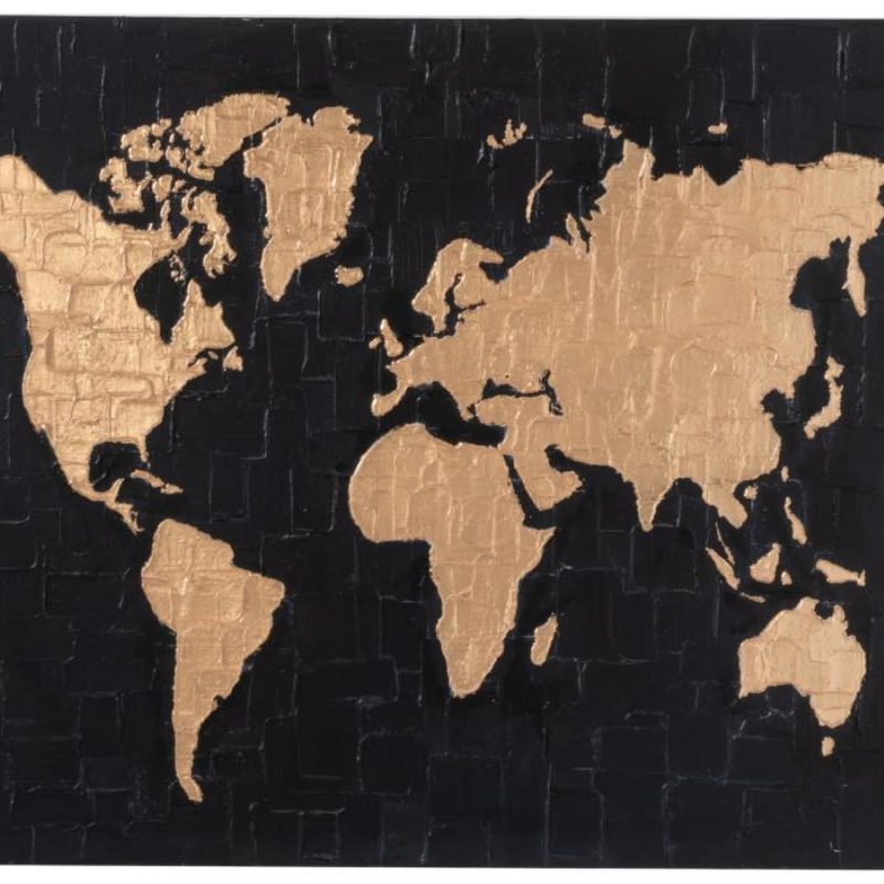 Peinture carte du monde canvas/bois noir/or