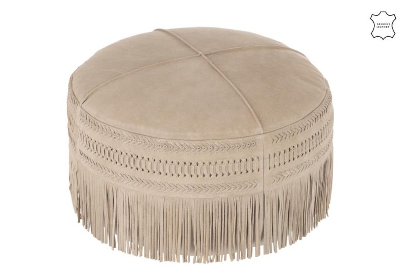 Pouf franges rond cuir gris clair