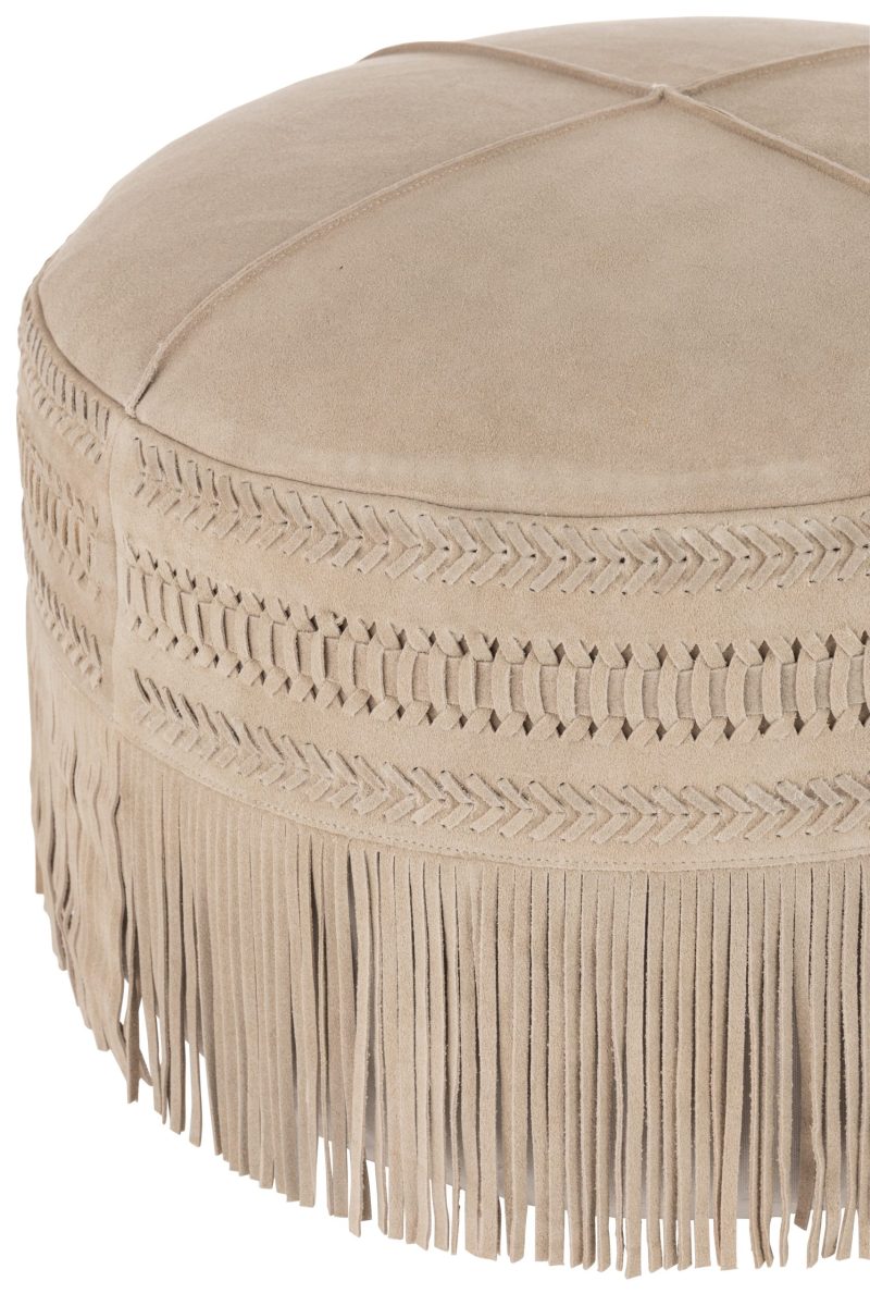 Pouf franges rond cuir gris clair - Image 3