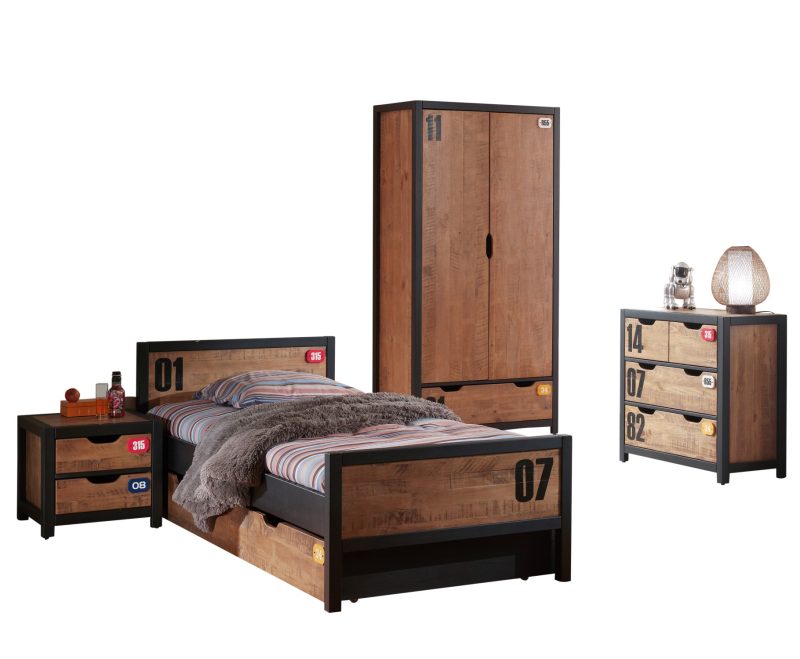 Alex lot avec chevet, lit 90x200cm, un  lit gigogne, une armoire 2 portes et commode 4 tiroirs