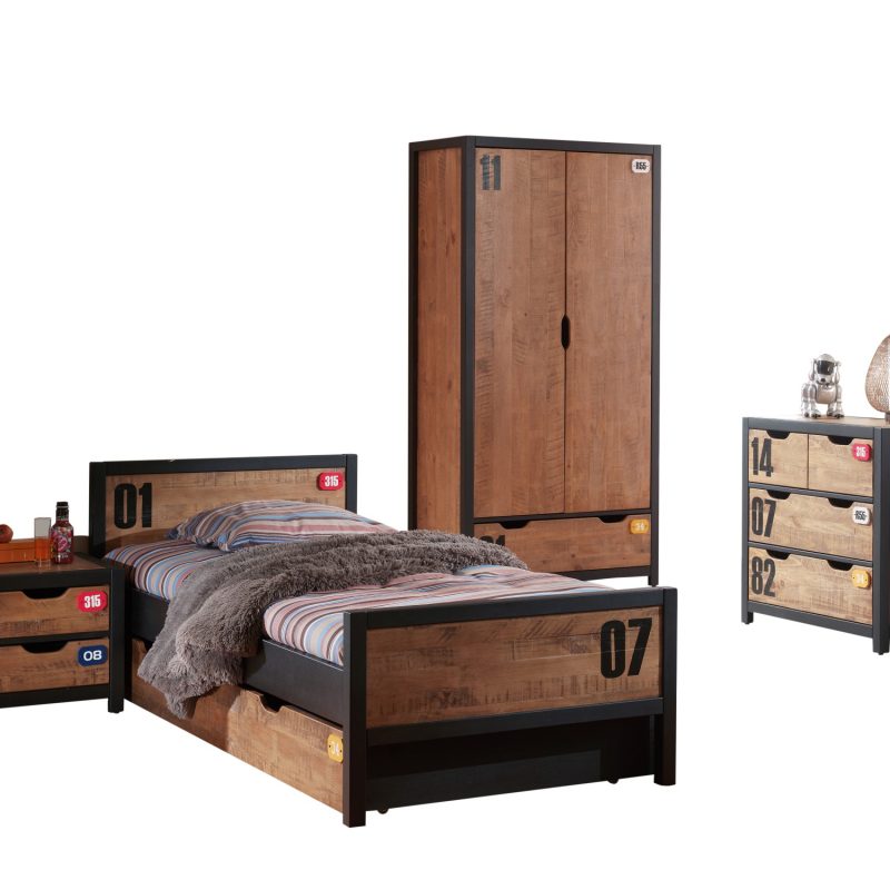 Alex lot avec chevet, lit 90x200cm, un  lit gigogne, une armoire 2 portes et commode 4 tiroirs