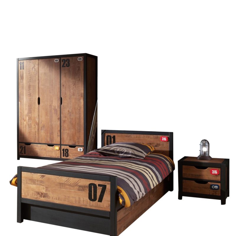 Alex lot avec chevet, lit 90x200cm , lit gigogne et armoire 3 portes