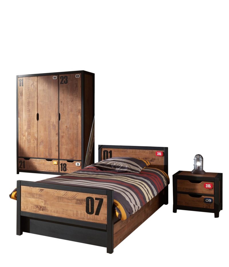 Alex lot avec chevet, lit 90x200cm , lit gigogne et armoire 3 portes
