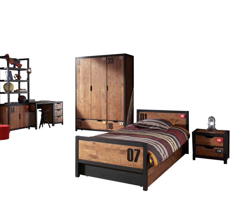 Alex lot avec chevet, lit 90x200cm, lit gigogne, bureau, armoire 3 portes et bibliothèque