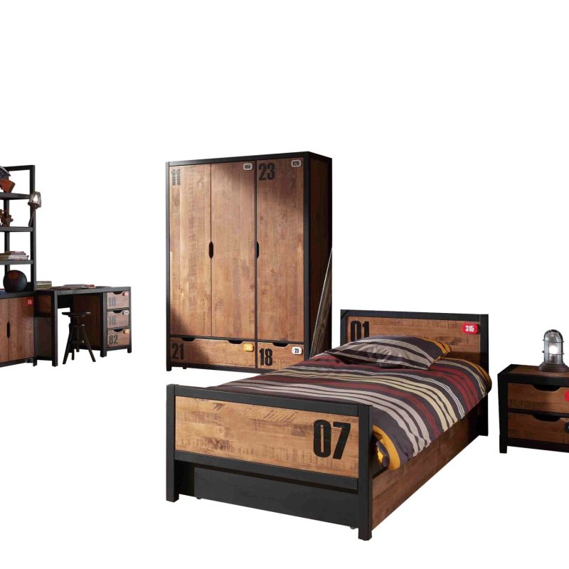 Alex lot avec chevet, lit 90x200cm, lit gigogne, bureau, armoire 3 portes et bibliothèque