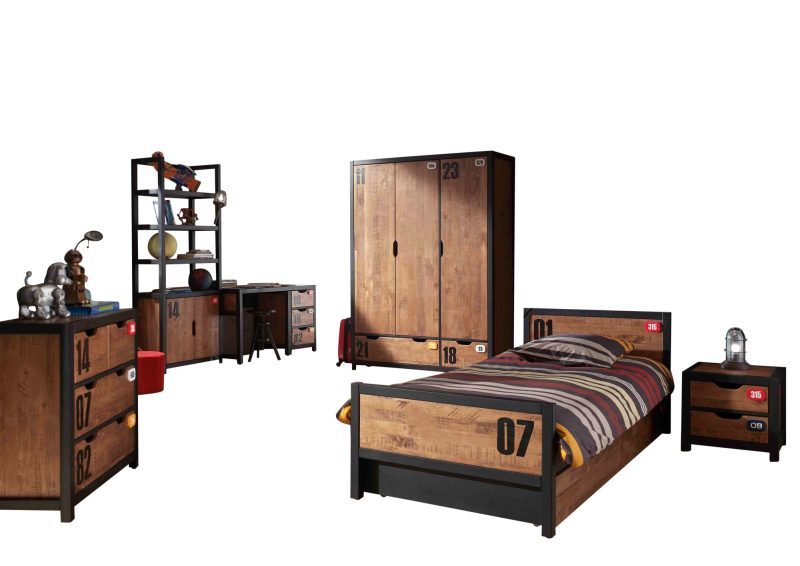 Alex lot avec chevet, lit 90x200cm,  lit gigogne, bureau, armoire 3 portes, bibliothèque et commode 3 tiroirs