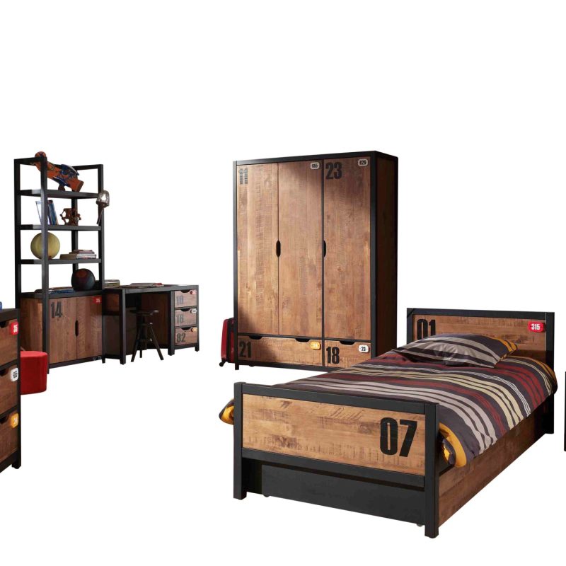 Alex lot avec chevet, lit 90x200cm,  lit gigogne, bureau, armoire 3 portes, bibliothèque et commode 3 tiroirs