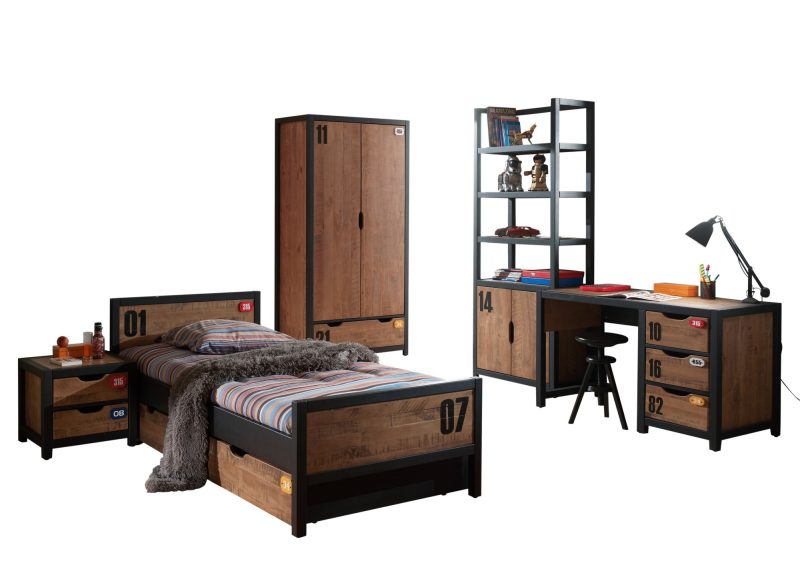 Alex lot avec chevet , lit 90x200cm, lit gigogne, bureau, armoire 2 portes et bibliothèque