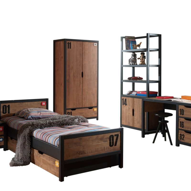 Alex lot avec chevet , lit 90x200cm, lit gigogne, bureau, armoire 2 portes et bibliothèque