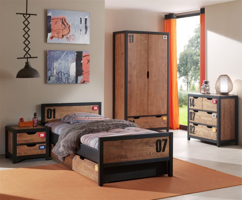 Alex lot avec lit 90x200cm, sommier cadre 13l,  lit gigogne, chevet, armoire 2 portes  et commode 3 tiroirs - Image 2