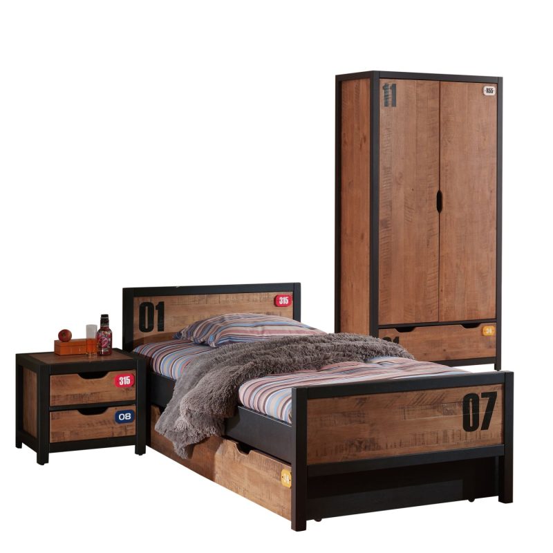 Alex lot avec lit 90x200cm , un sommier cadre 13l, un  lit gigogne, chevet et armoire 2 portes