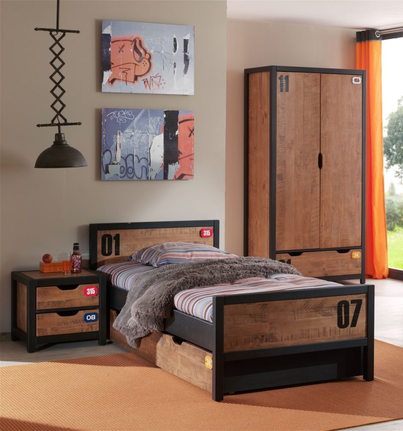 Alex lot avec lit 90x200cm , un sommier cadre 13l, un  lit gigogne, chevet et armoire 2 portes - Image 2