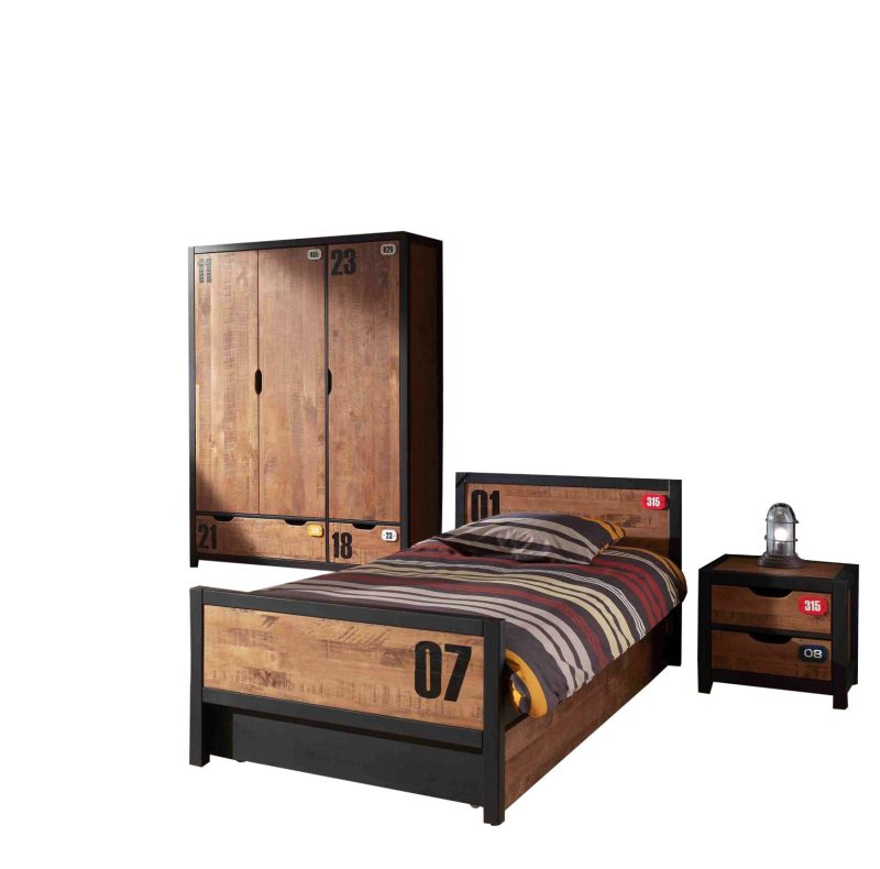 Alex lot avec lit 90x200cm, sommier cadre 13l, lit gigogne, chevet et armoire 3 portes