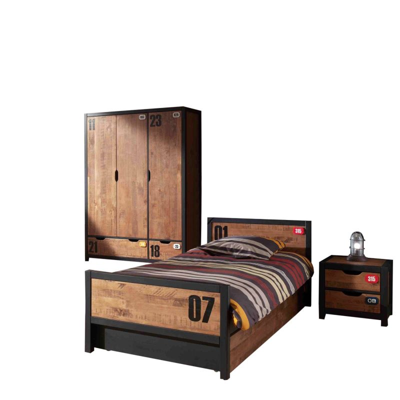 Alex lot avec lit 90x200cm, sommier cadre 13l, lit gigogne, chevet et armoire 3 portes