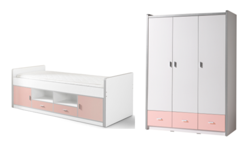 Bonny lot avec  lit capitaine en rose clair et armoire à 3 portes assortie en rose clair