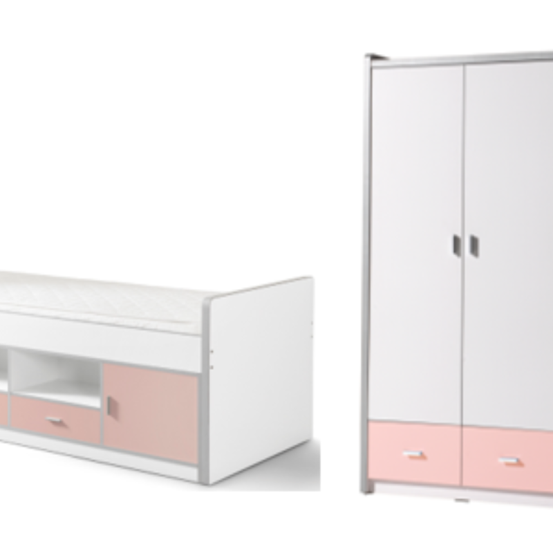 Bonny lot avec  lit capitaine en rose clair et armoire à 3 portes assortie en rose clair