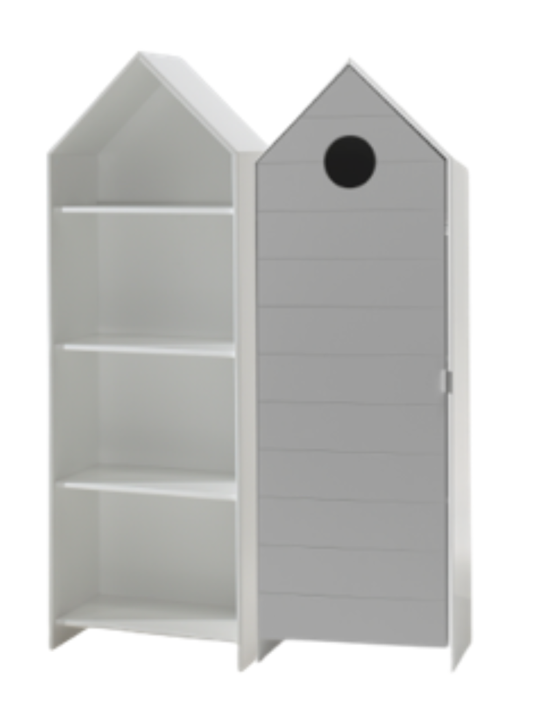 Casami avec 2 armoires: 1 armoire avec une porte en gris et 1 armoire sans porte